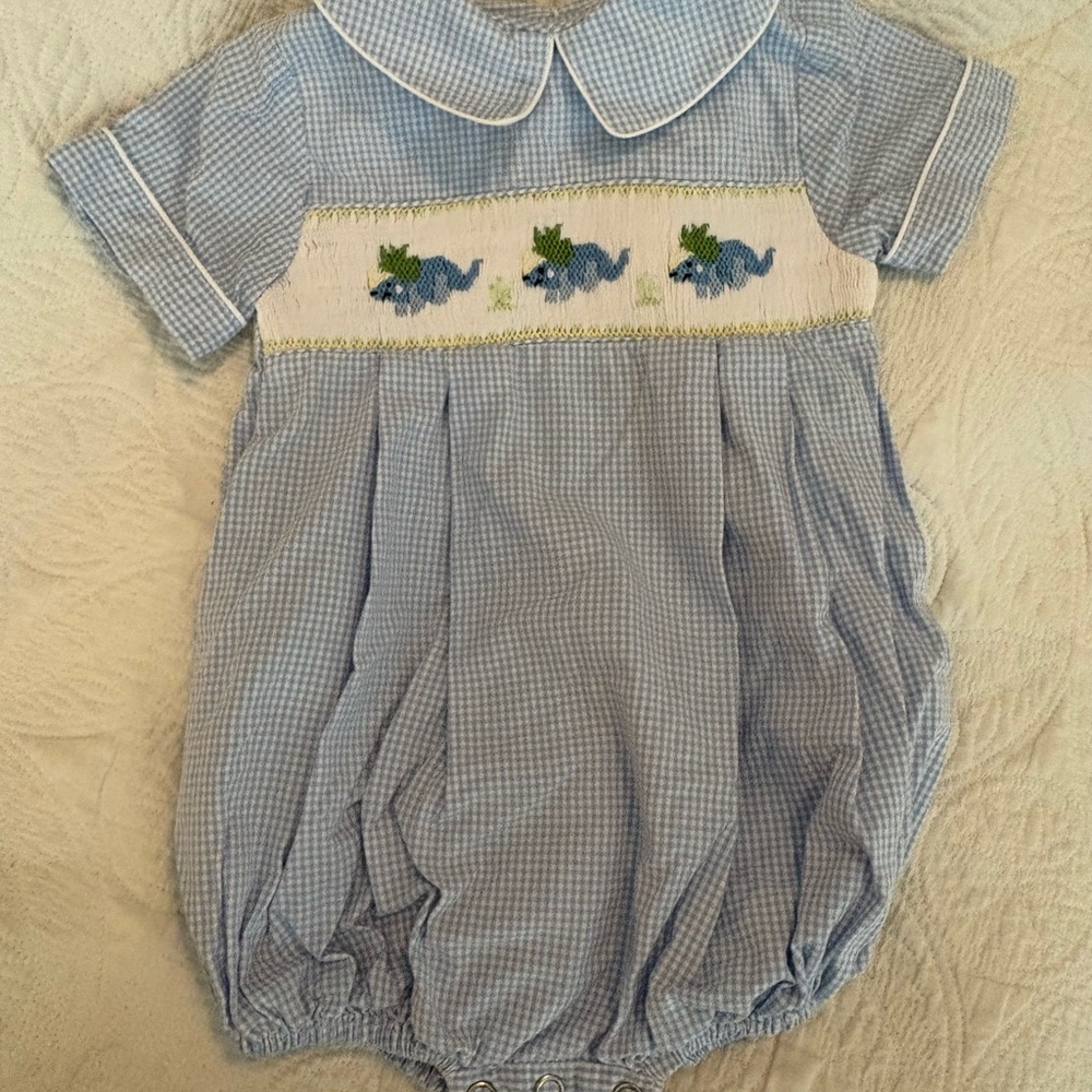 Blue Gingham Baby Romper with Smocked Dinosaurs